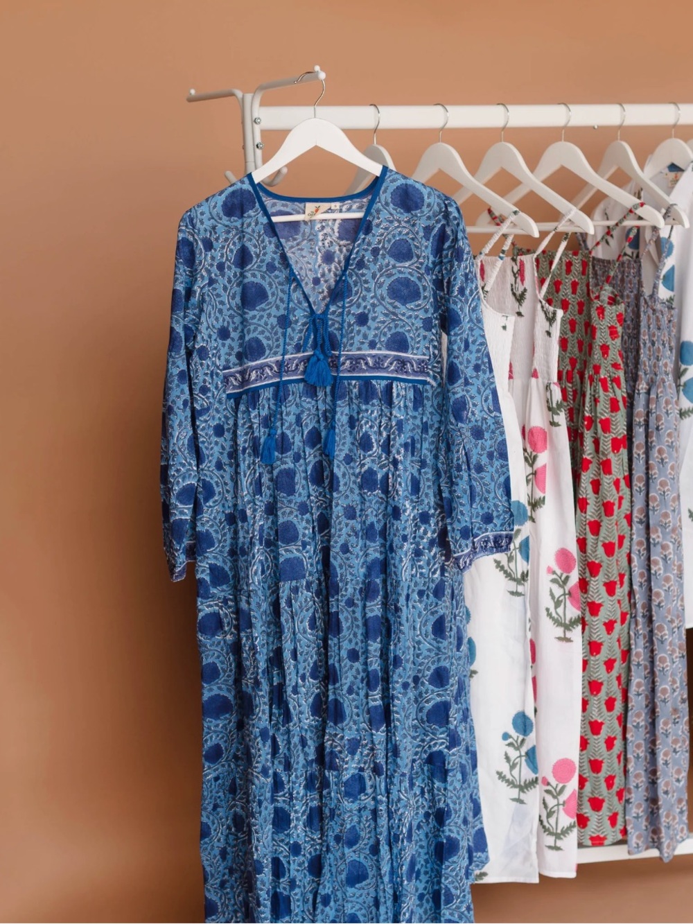 Blue Printed V-Neck Tassel Maxi Dress